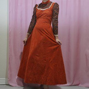 1970s Vintage Rust Orange Prairie Dress (Small/Medium)